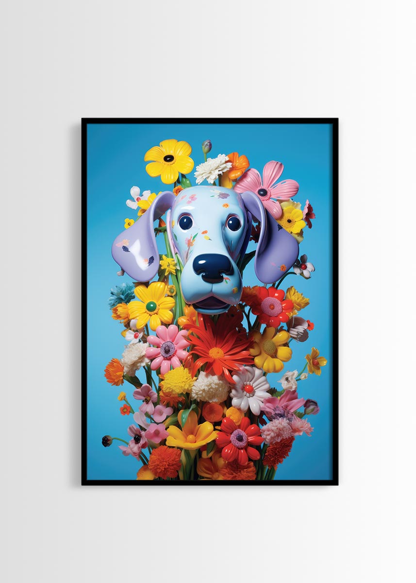 Dog flowers blue poster