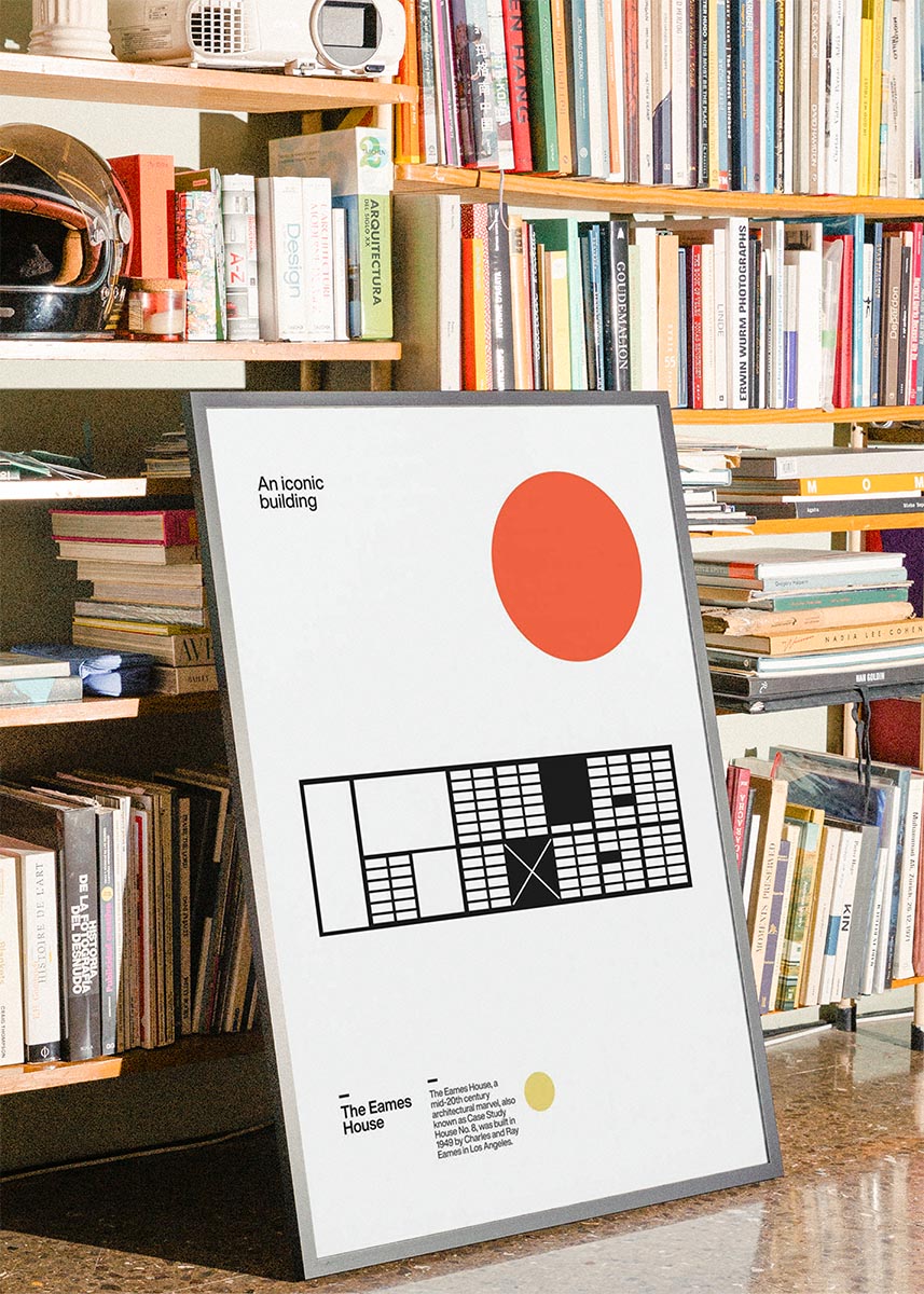 Minimalist poster of the Eames House featuring a bold red circle, a black-and-white schematic of the house's layout, and modern typography. A tribute to mid-century architecture by Charles and Ray Eames.