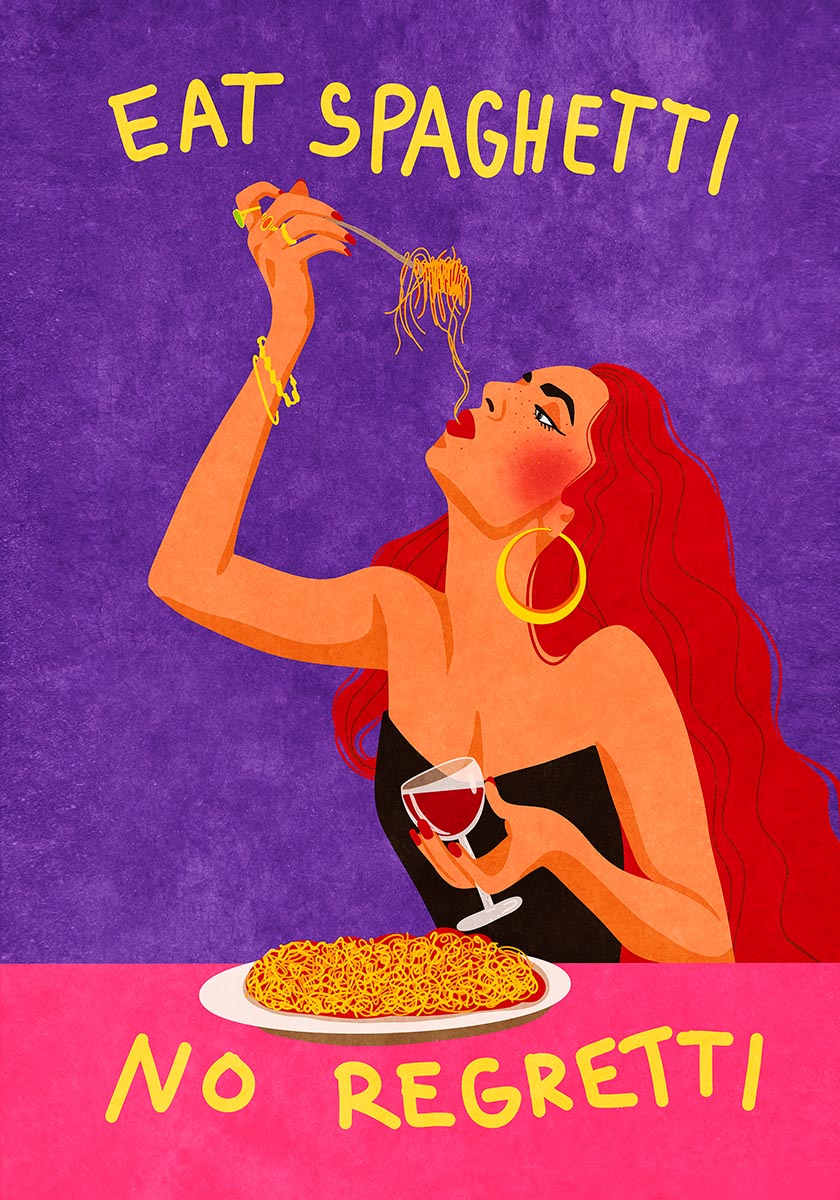 Colorful pop art poster of a stylish woman eating spaghetti and holding a glass of wine, with the phrase "Eat Spaghetti, No Regretti" on a purple and pink background.