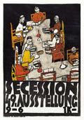 Illustrated poster by Egon Schiele for the 49th Vienna Secession exhibition, depicting stylized figures seated around a large table in an abstract, expressionist style with bold black, red, yellow, and white tones.