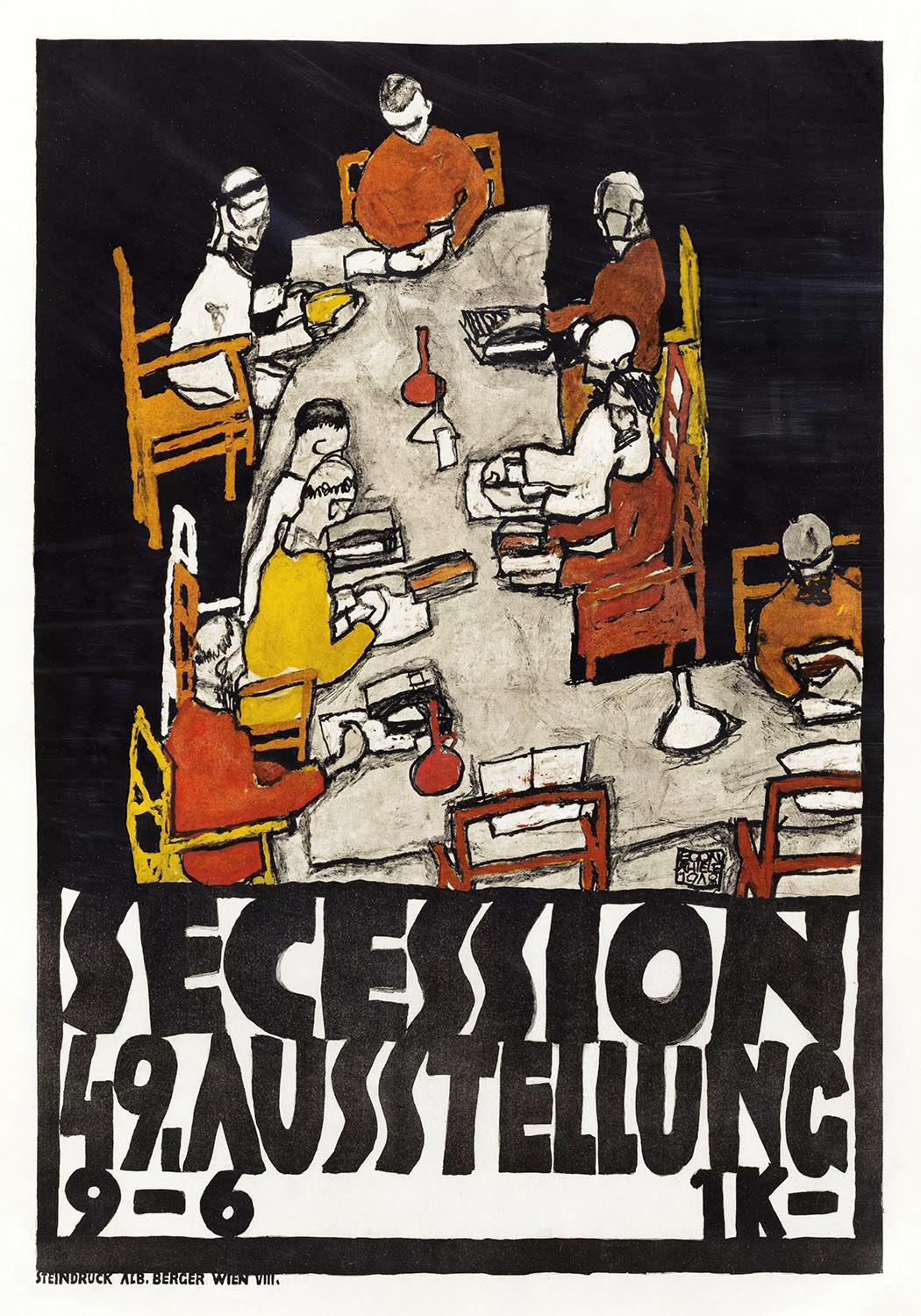 Illustrated poster by Egon Schiele for the 49th Vienna Secession exhibition, depicting stylized figures seated around a large table in an abstract, expressionist style with bold black, red, yellow, and white tones.