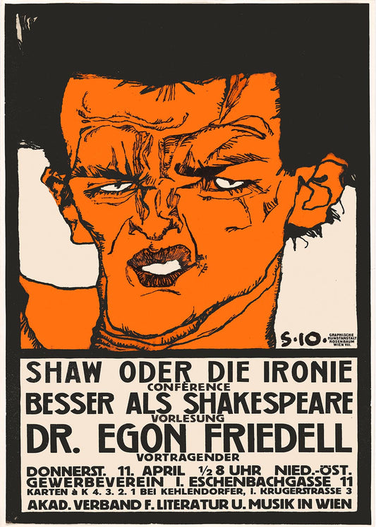 エゴン・シーレのヴィンテージ・ポスター「Shaw oder Die Ironie」。オレンジと黒の強烈な男性像と、ショウとシェイクスピアを比較する講演会を告知する太字のテキストが特徴。