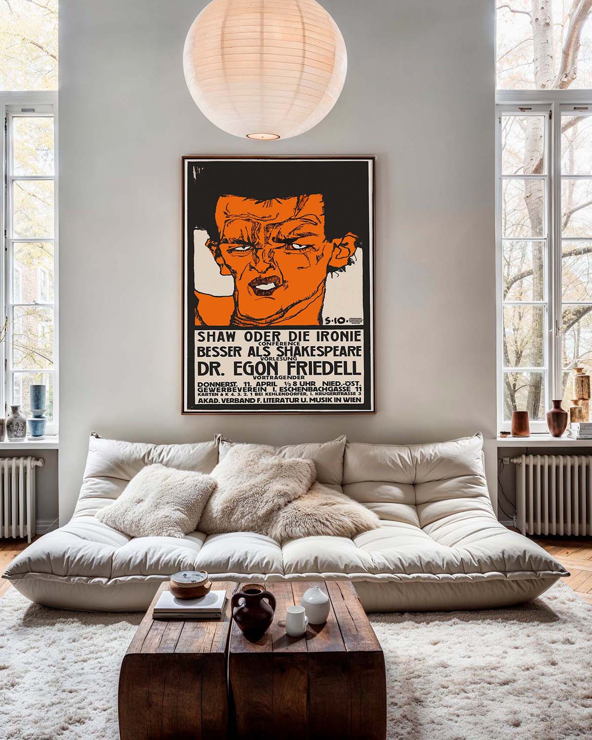 Vintage Egon Schiele poster entitled 'Shaw oder Die Ironie' featuring an intense male figure in orange and black, with bold text announcing a lecture comparing Shaw to Shakespeare