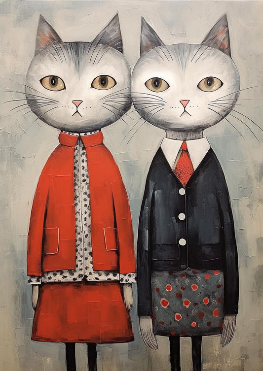 Artistic illustration of two cats dressed in elegant attire with a red coat and a black suit against a soft gray background, perfect for a nursery or children's room.
