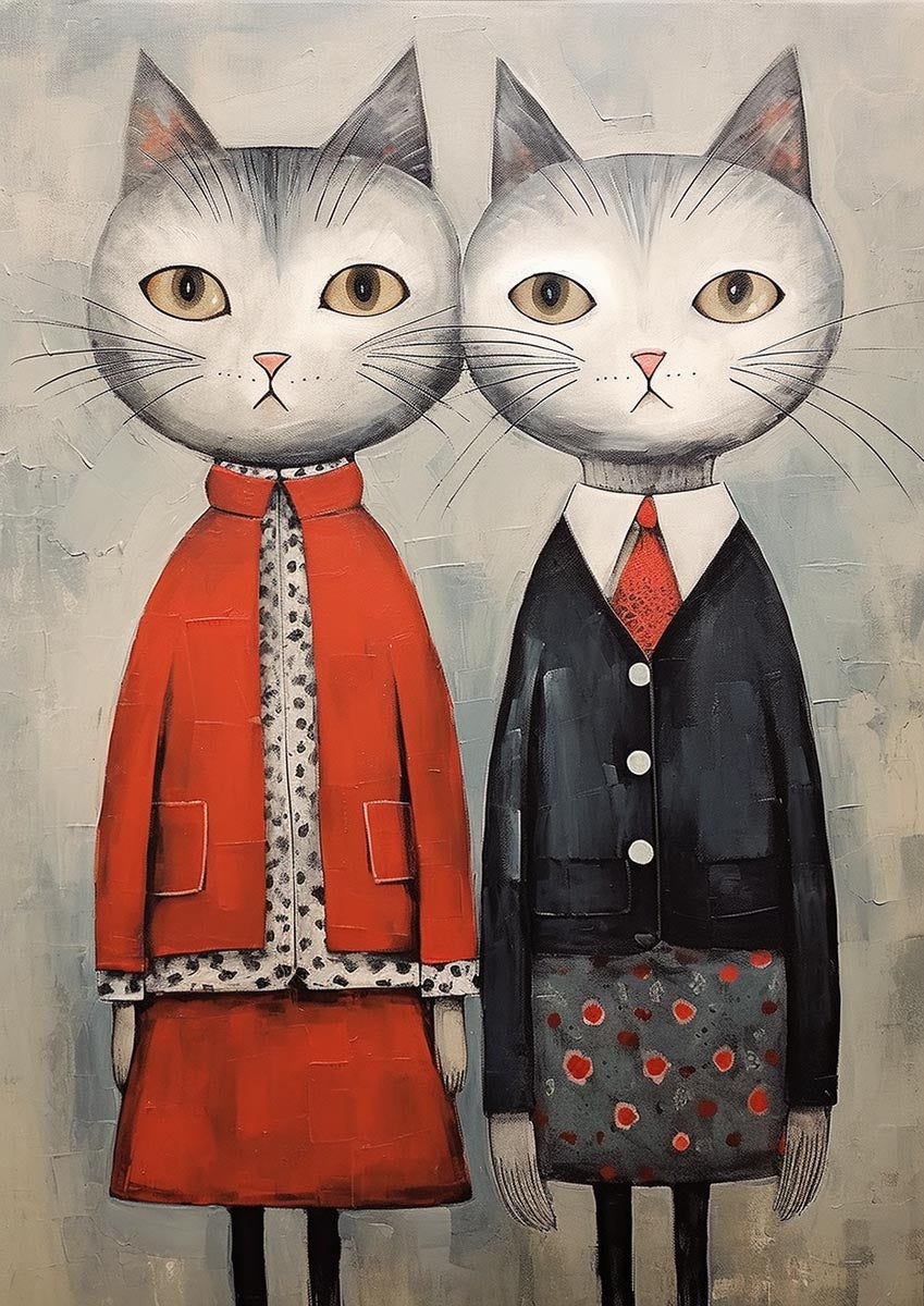 Artistic illustration of two cats dressed in elegant attire with a red coat and a black suit against a soft gray background, perfect for a nursery or children's room.