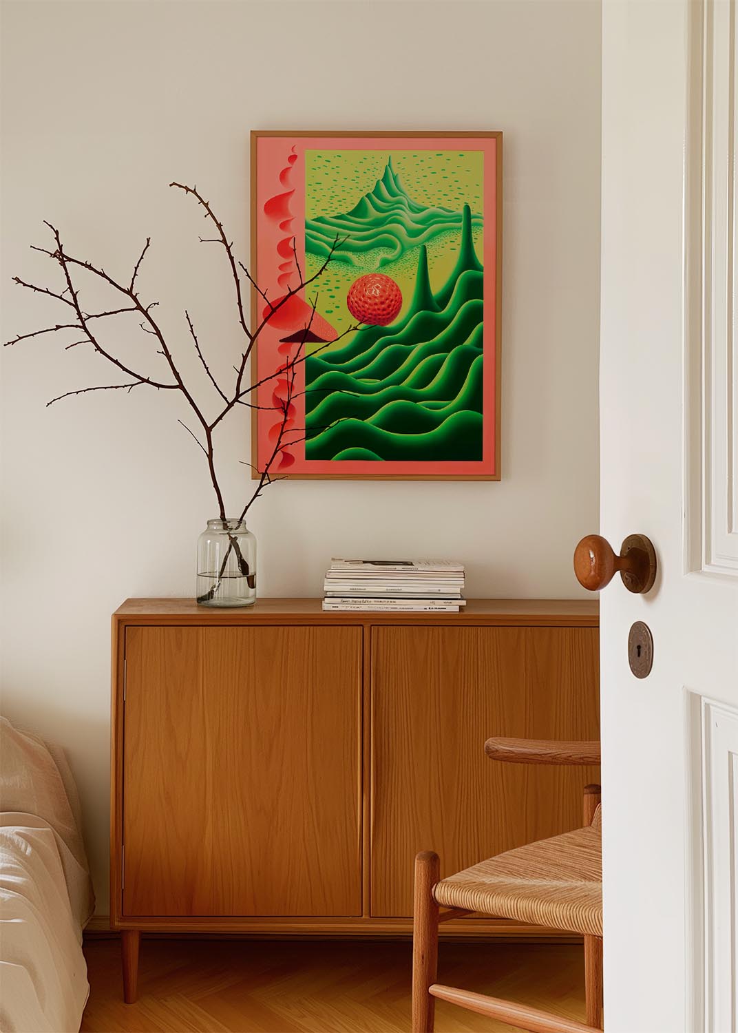 Abstract art poster titled 'Emerald Waves' depicting a stylized, surreal landscape with rolling emerald green hills and scattered red speckles, centered around a textured crimson orb on a vibrant red and green background