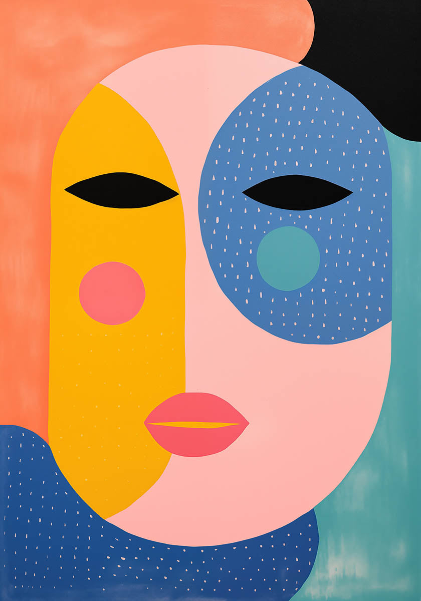Abstract poster of a face with vibrant colors and geometric patterns