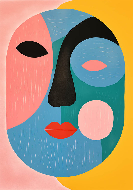 ピンク、ブルー、イエロー、グリーンをブレンドしたカラフルな抽象顔アートポスター。