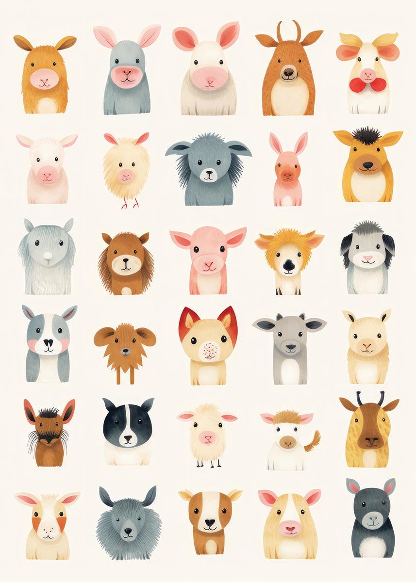 Illustrated poster featuring a collection of cute animal faces, including a rabbit, sheep, deer, cow, lion, and more, ideal for children's rooms or nurseries.