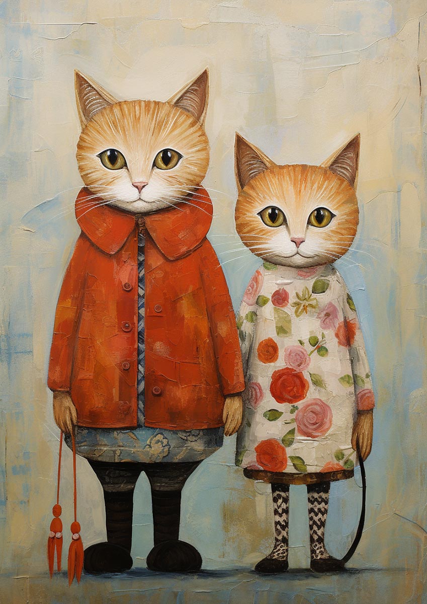 Poster featuring two illustrated cats, one wearing an orange coat with a blue undershirt and holding tassels, and the other in a floral dress, set against a pastel yellow background.