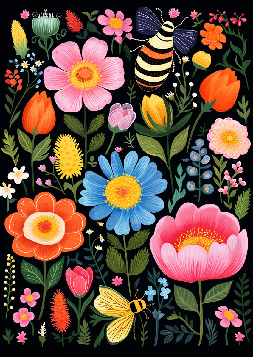 Illustration of various bright flowers, a striped bee, and a yellow butterfly on a dark background, ideal for children's nursery decor.