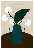 Minimalist floral poster showing a teal vase with dark green leaves and white abstract flowers on a brown table against a beige background.