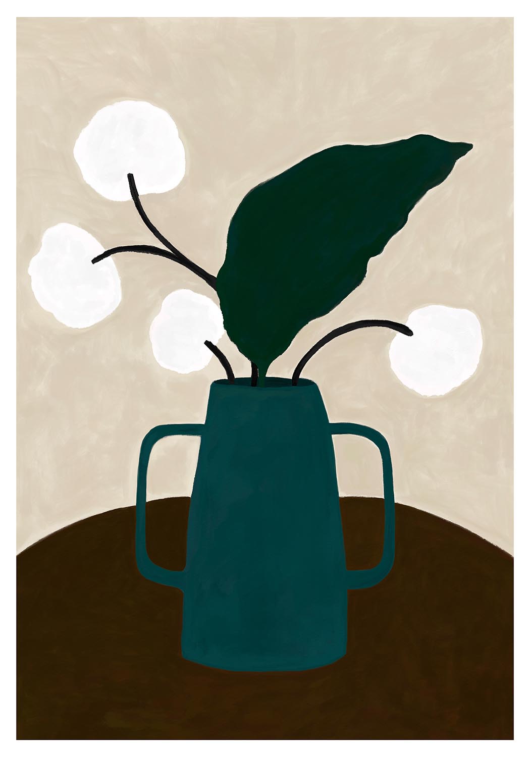 Minimalist floral poster showing a teal vase with dark green leaves and white abstract flowers on a brown table against a beige background.
