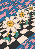 Poster featuring cartoon-style daisies with smiley faces and sneakers walking on a black-and-white checkerboard floor, set against a pink and blue psychedelic background.