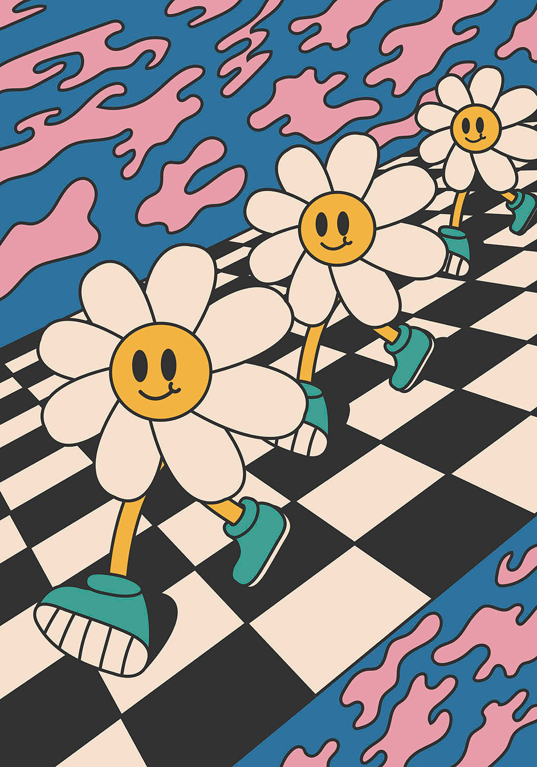 Poster featuring cartoon-style daisies with smiley faces and sneakers walking on a black-and-white checkerboard floor, set against a pink and blue psychedelic background.