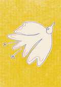 Minimalist bird poster featuring a cream-colored bird outlined in blue and red, flying over a textured yellow background.