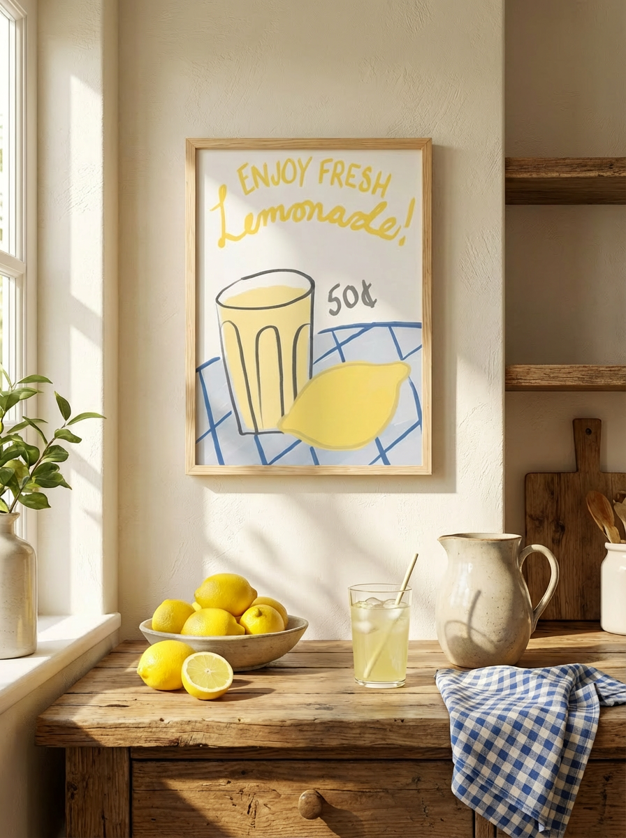 llustrated poster of a glass of lemonade and a lemon with the text “Enjoy Fresh Lemonade! 50¢” in cheerful, hand-drawn yellow and gray lettering on a checkered blue tablecloth background.