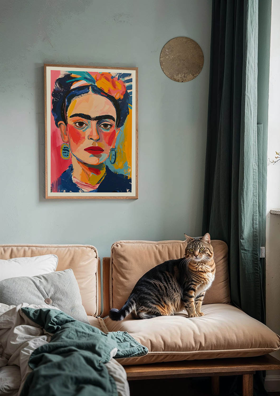 Colorful abstract portrait of Frida Kahlo with expressive brush strokes in bright red, blue, yellow, and pink, highlighting her distinctive eyebrows and traditional earrings.