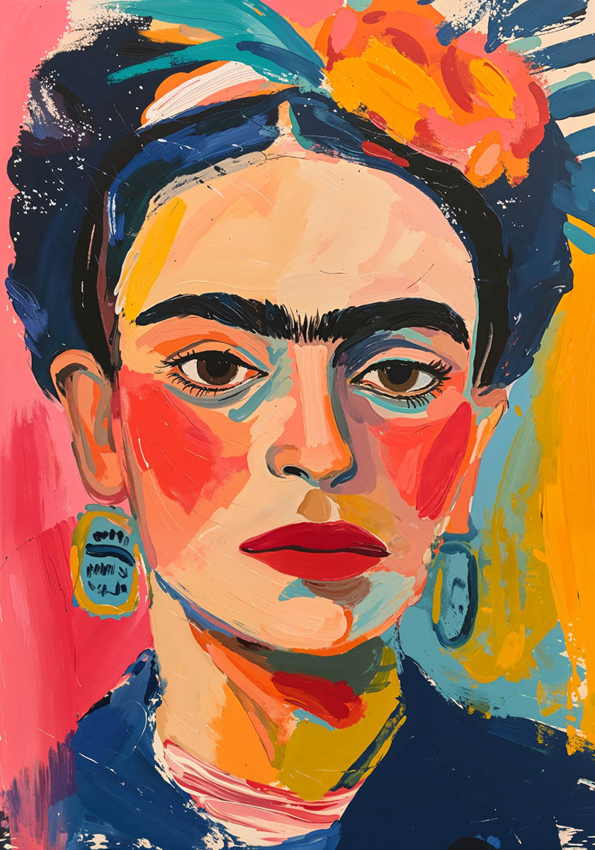 Colorful abstract portrait of Frida Kahlo with expressive brush strokes in bright red, blue, yellow, and pink, highlighting her distinctive eyebrows and traditional earrings.