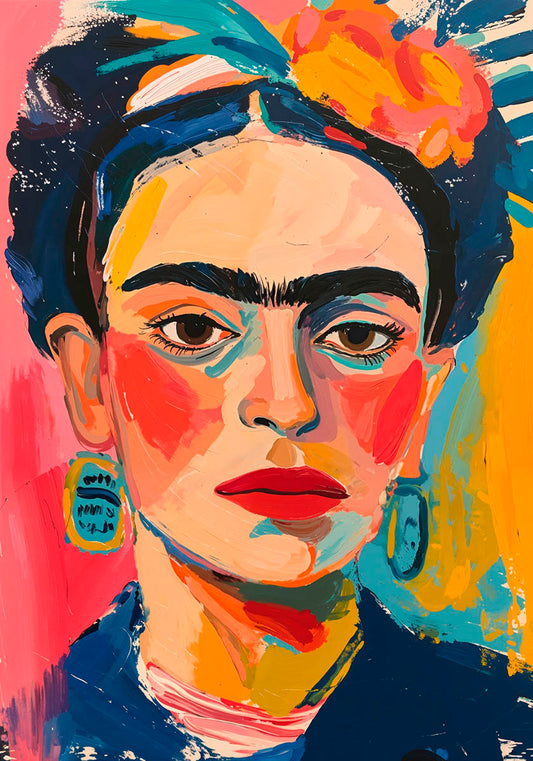 鮮やかな赤、青、黄色、ピンクの筆致で表情豊かに描かれたフリーダ・カーロのカラフルな抽象画。彼女の特徴的な眉と伝統的なイヤリングが強調されている。