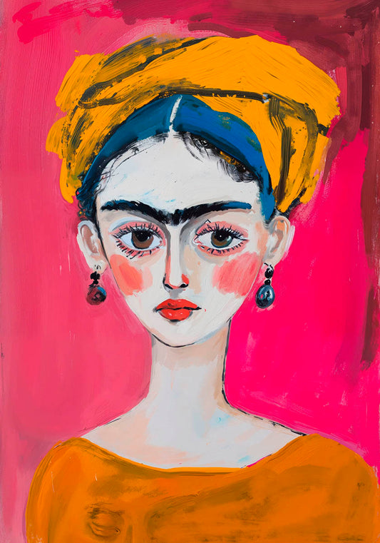 Colorful artistic portrait of a woman inspired by Frida Kahlo, with bold, expressive facial features, prominent eyebrows, and red lips. She wears a bright yellow headscarf, large black earrings, and an orange garment, set against a vibrant pink background.