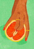 Illustration titled Fruitlover by Raissa Oltmanns, showing a hand with red nails and gold rings gripping a halved orange in a suggestive gesture, set against a textured green background.
