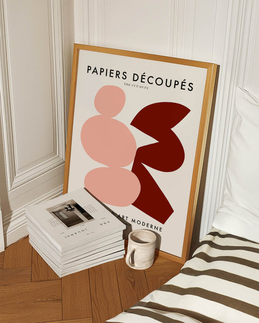 Abstract "Papiers Découpés" poster with pink and maroon shapes from Galerie d'Art Moderne, Paris.