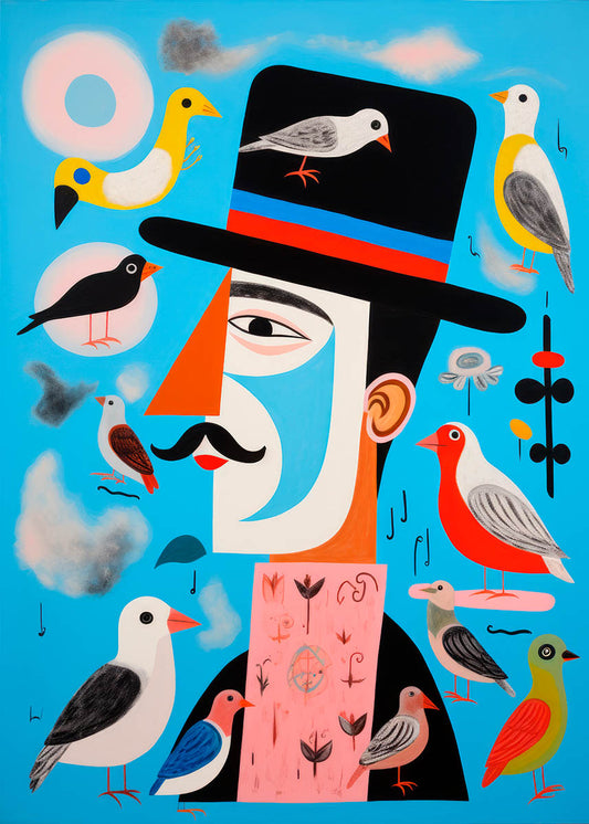 Colorful illustration of a gentleman with a top hat surrounded by various playful birds, musical notes, and whimsical elements on a bright blue background, ideal for kids and nursery decor.