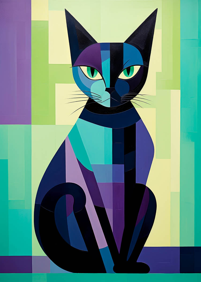 Abstract geometric cat illustration with varying shades of purples, blues, and greens against a pastel background, ideal for children's room decoration.