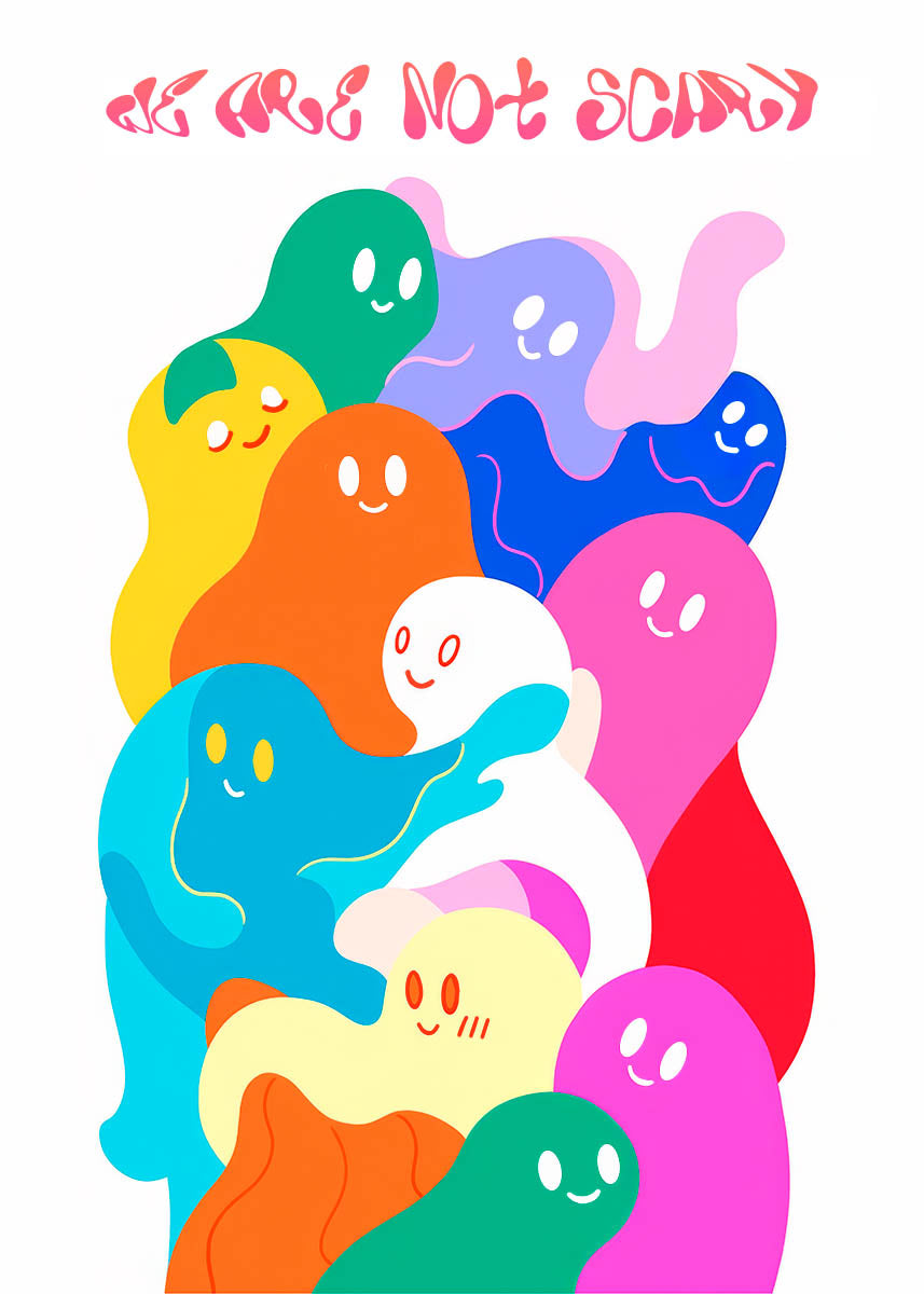 Colorful illustration of smiling ghosts in a joyful palette, suitable for adding a playful and vibrant touch to any modern interior decor.
