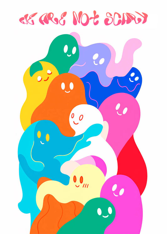 陽気なパレットで描かれたカラフルな幽霊のイラスト。モダンなインテリアに遊び心と活気を加えるのに適しています。