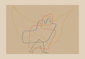 Abstract line art poster with colorful overlapping figures on a beige background.