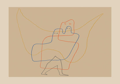 Abstract line art poster with colorful overlapping figures on a beige background.