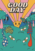  Colorful retro-style poster with a smiling sun, cartoon trees, playful bees, and the words “GOOD DAY” in bold letters against a pink and yellow sunrise background.
