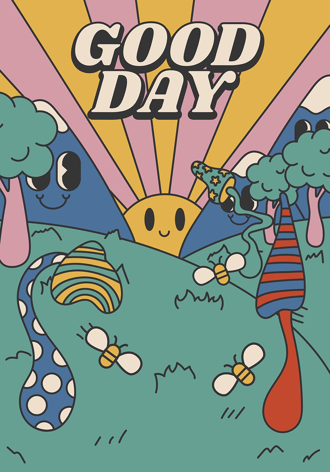  Colorful retro-style poster with a smiling sun, cartoon trees, playful bees, and the words “GOOD DAY” in bold letters against a pink and yellow sunrise background.
