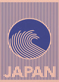 A minimalist graphic art print featuring a stylized wave within a blue circle, set against a background of thin vertical blue lines on a pink field. The word "JAPAN" is prominently displayed at the bottom, formed by the interruption of the vertical line pattern. The design uses a limited color palette of indigo and salmon pink.