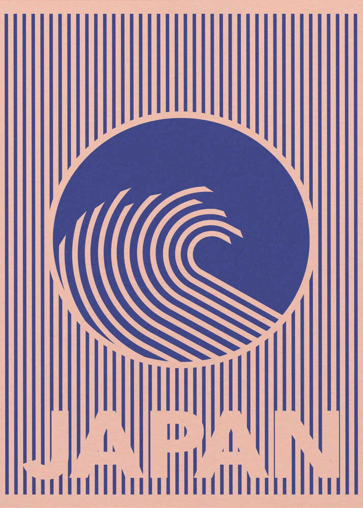 A minimalist graphic art print featuring a stylized wave within a blue circle, set against a background of thin vertical blue lines on a pink field. The word "JAPAN" is prominently displayed at the bottom, formed by the interruption of the vertical line pattern. The design uses a limited color palette of indigo and salmon pink.