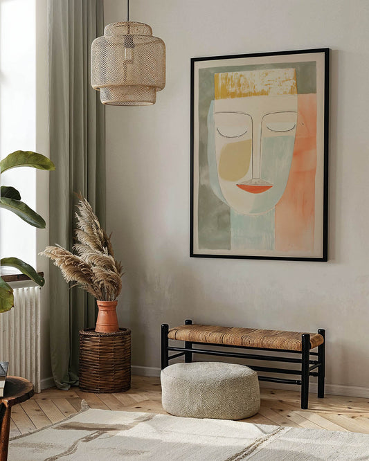 Abstract art poster of a peaceful face with closed eyes, featuring soft pastel colors and minimal linework.