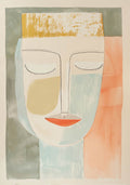 Abstract art poster of a peaceful face with closed eyes, featuring soft pastel colors and minimal linework.