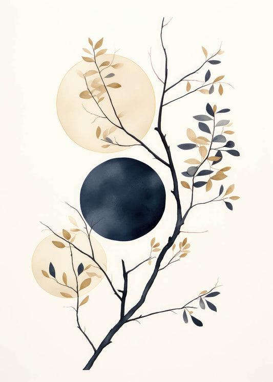 Illustration of a tree branch with leaves juxtaposed against beige and navy moonlit circles on a white background.