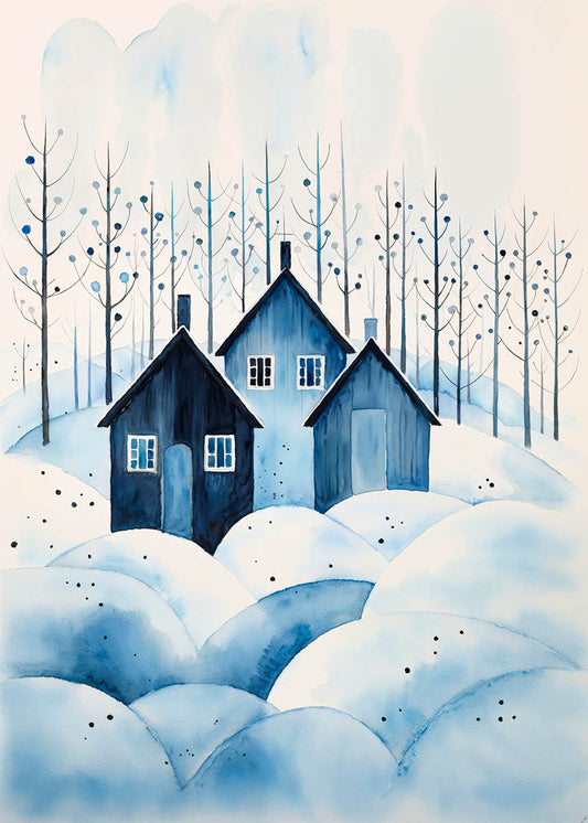 A watercolor-style poster depicting two quaint blue houses surrounded by rolling snowy hills and slender trees with blue foliage, all under a gentle, overcast sky.