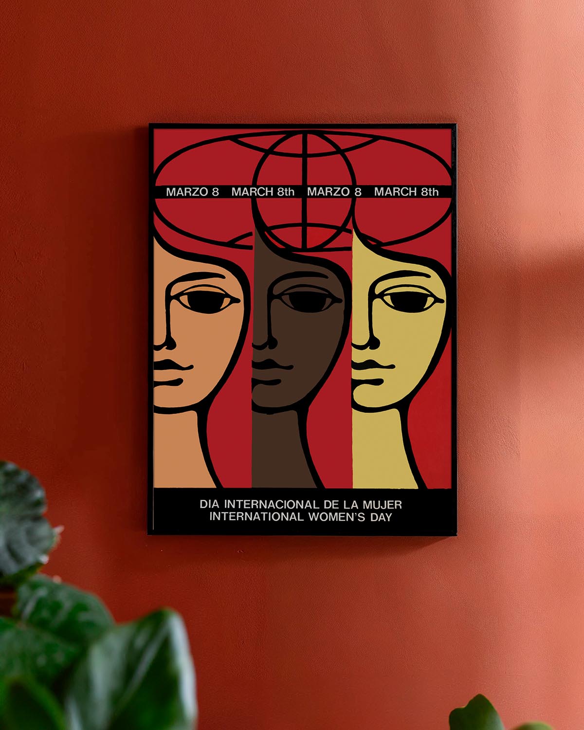 International Women's Day poster for March 8th, featuring an illustration of three diverse female faces—Caucasian, Black, and Asian—symbolizing unity, strength, and beauty. A tribute to women's empowerment and diversity.