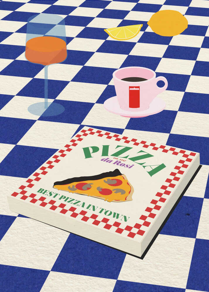 Illustrated poster featuring a pizza box labeled "Best Pizza in Town" on a blue-checkered tablecloth, with a pink coffee cup, orange drink, lemon slice, and orange adding a retro diner vibe.
