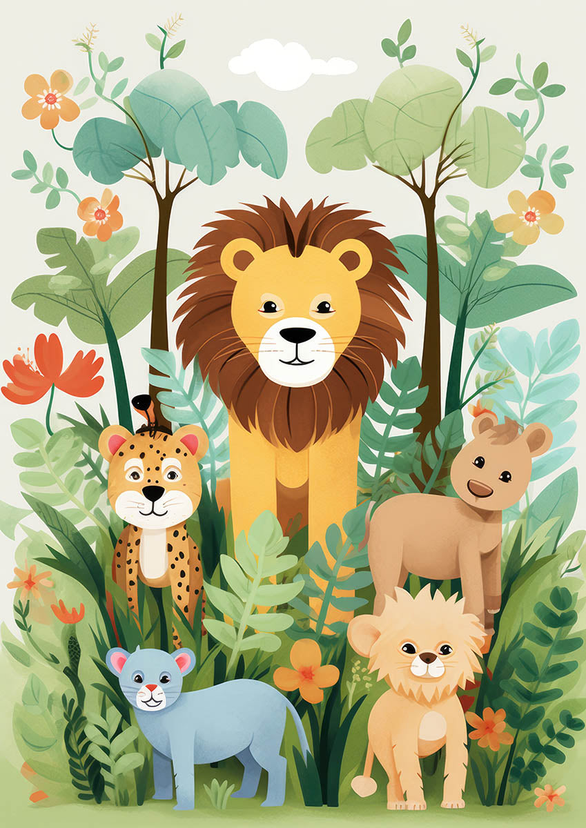 Colorful kids' nursery poster with cheerful jungle animals like a lion, leopard, cub, and other creatures surrounded by lush green plants and blooming flowers