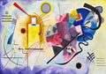 Abstract painting Yellow-Red-Blue by Wassily Kandinsky featuring bold geometric shapes, vibrant blocks of yellow, red, and blue, and dynamic black lines on a colorful background.