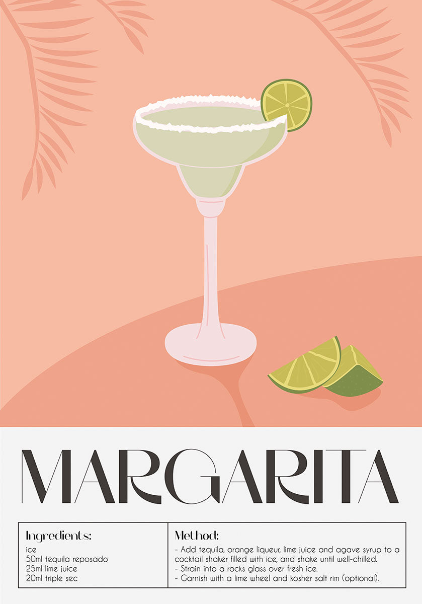 Artistic poster of a Margarita cocktail, showcasing the drink in a salt-rimmed glass with a lime wheel, against a warm coral background with palm leaf shadows.