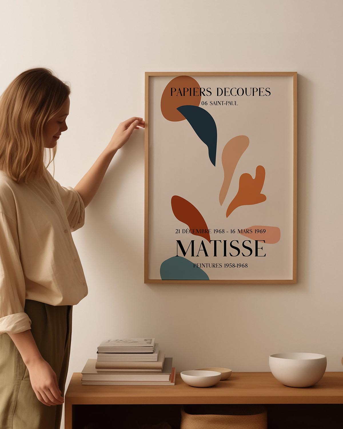 Henri Matisse Papiers Découpés exhibition poster with abstract organic shapes in earthy tones, inspired by his 1968 Saint-Paul cut-outs.