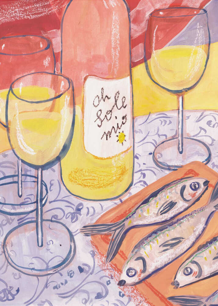 An expressive, hand-drawn art print depicting a Mediterranean meal. The scene features a tall bottle of white wine with a handwritten label reading "oh sole mio," two filled wine glasses, and a platter of three fresh sardines on an orange dish. The artwork uses vibrant shades of yellow, red, pink, and purple with an intricate patterned tablecloth, presented in a light wooden frame resting on a textured knit blanket.