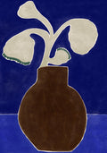 Minimalist floral poster featuring abstract white flowers in a dark brown vase set against a bold cobalt blue background.