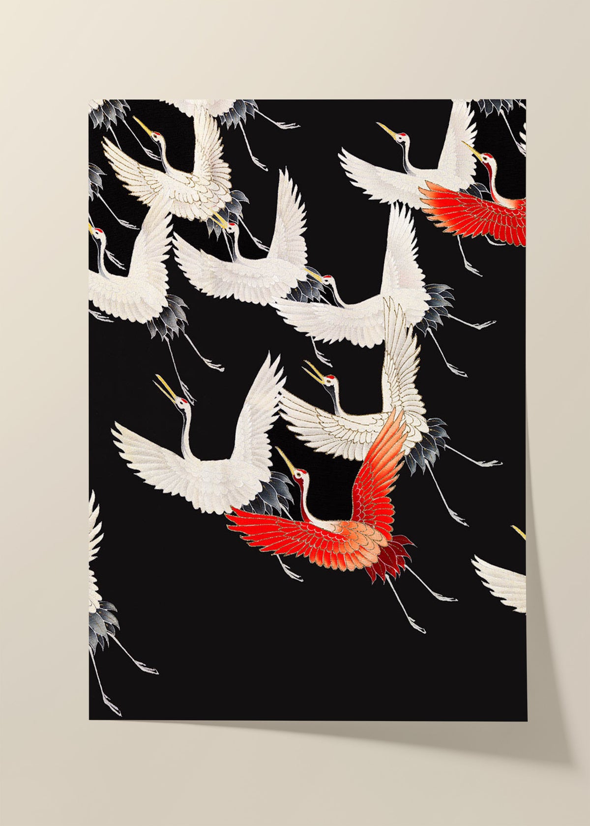White Cranes and Red one flying poster